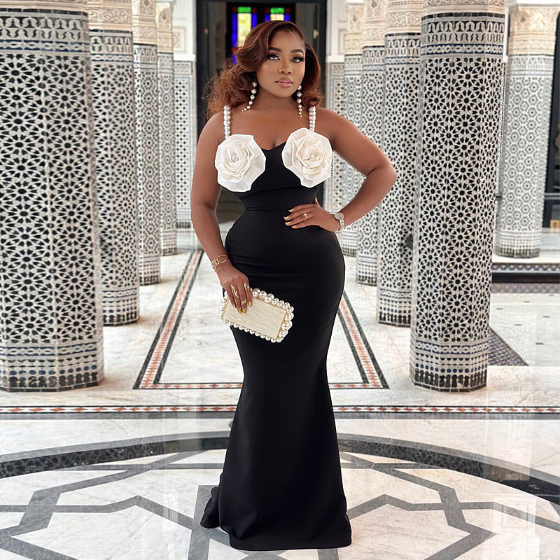 Women Clothing Dress Solid Color Applique Sexy Tight Sling Trailing