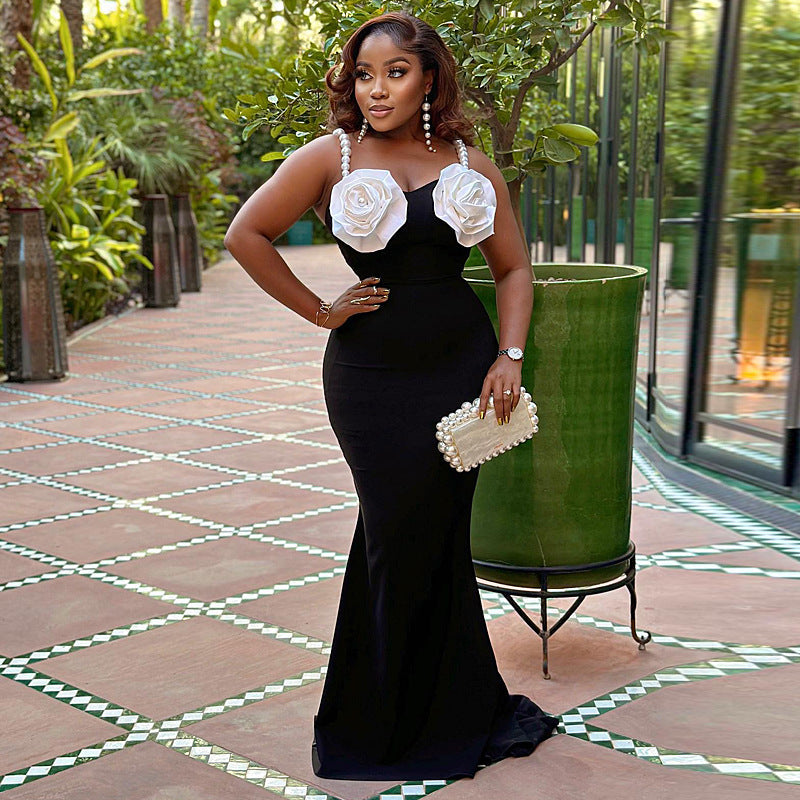 Women Clothing Dress Solid Color Applique Sexy Tight Sling Trailing
