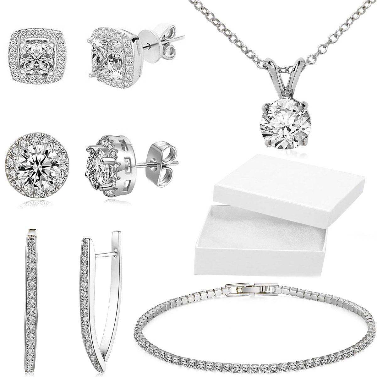 10Ct Tennis Bracelet + Halo Earring+ Necklace With Crystals - 5 Piece Set with Luxe Box - 18K White Gold ITALY Design