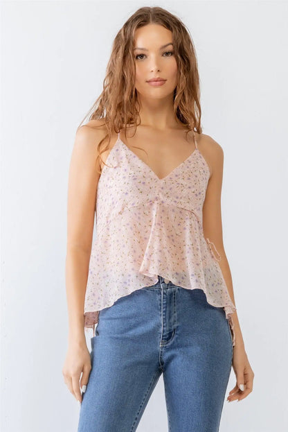 Floral Print V-Neck Criss-Cross Back Flare Tank Top