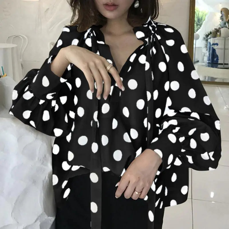 Women's Bow Stand Collar Blouse with Lantern Sleeves